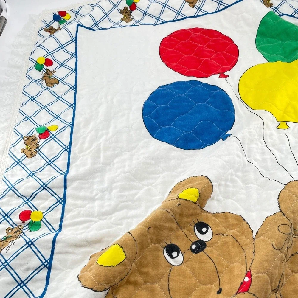 Vtg Thats Our Baby Teddy Bear Quilt & Dundee Flannel Blanket Set Balloons 2pc